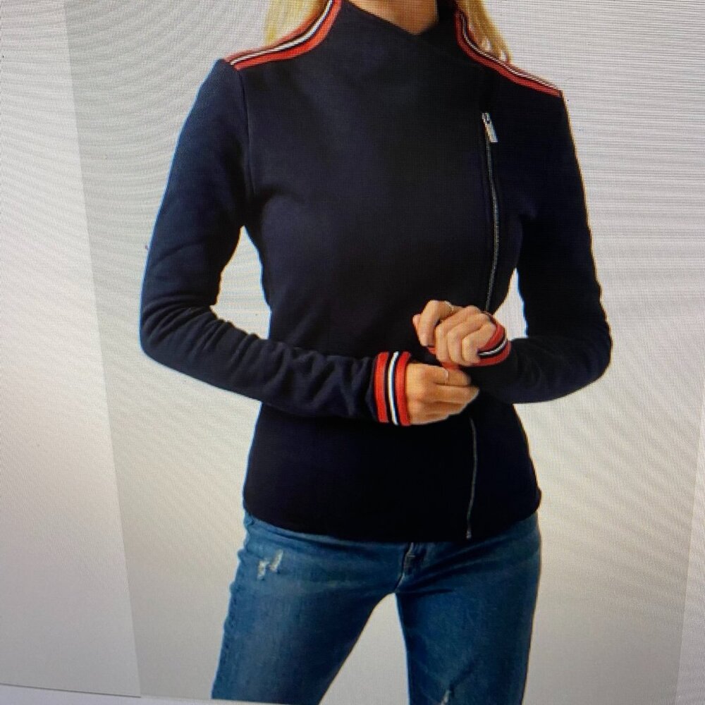 Saint And Sofia Women’s Cotton Biker Jacket Navy with Stripe - Size 2